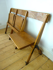 vintage industrial oak school fold up bench 3 seats - eyespy
