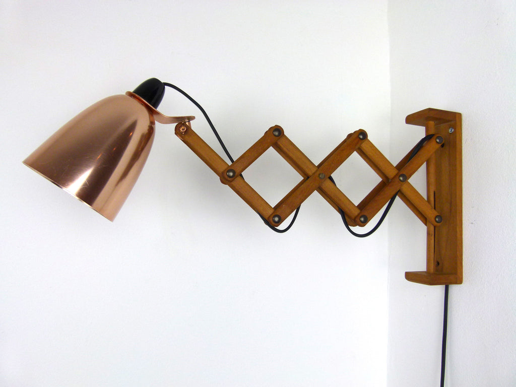 Habitat Conran Maclamp wall mounted extendable wooden arm, copper shade - eyespy